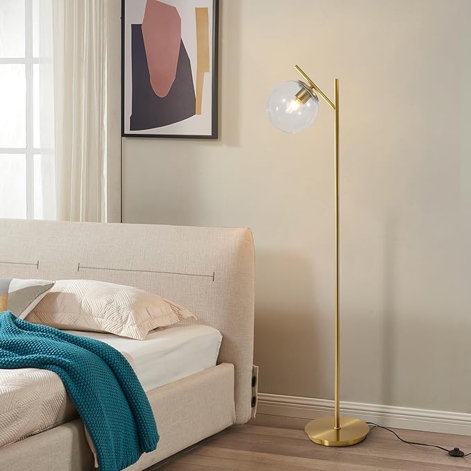 Mid Century Brass Floor Lamps Vintage Clear Standing Lamp for Living Room Modern Tall Freestanding Lamps Retro Farmhouses Globe Floor Lamp for Bedroom Office
