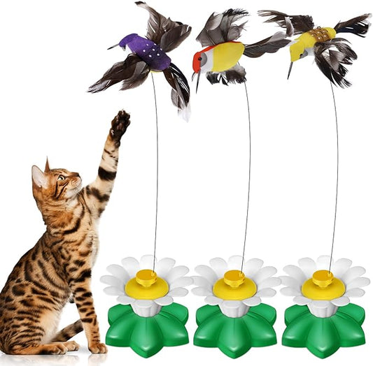 Vinsot 3 Pcs Electric Teasing Cat Toy Flying Interactive Cat Toy Automatic 360° Rotating Kitten Play Chase Supplies with 6 Pcs Replacement Head with Wire(Hummingbird)