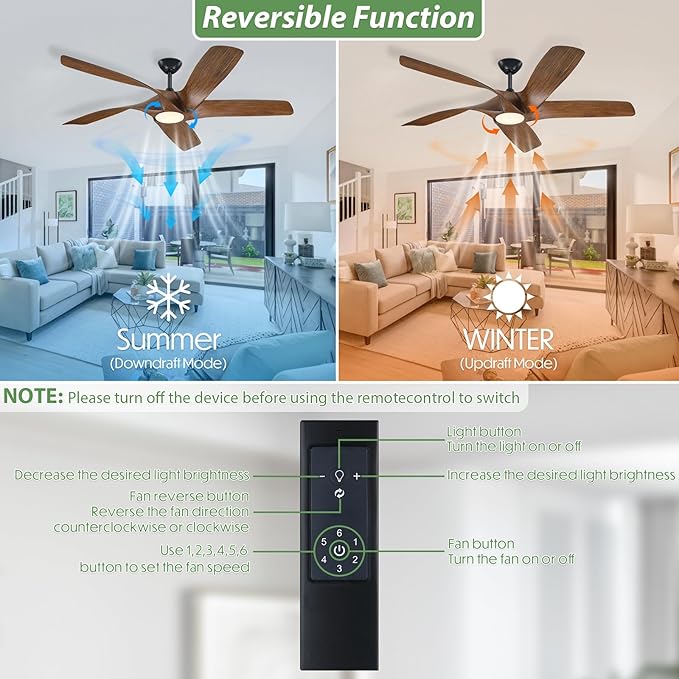 60 Inch Ceiling Fans with Lights and Remote,5 Blades Large Walnut Ceiling Fan, Outdoor Ceiling Fan with 6 Speeds,Reversible DC Motor, Timer for Living Room, Farmhouse, Patio(Dark Brown)