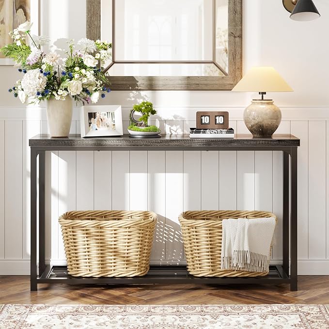 47" Console Table with Storage, 2 Tier Narrow Entryway Table, Sofa Table with Mesh Shelves, Console Tables for Living Room, Bedroom, Hallway, Entryway, Foyer, Oak Grey