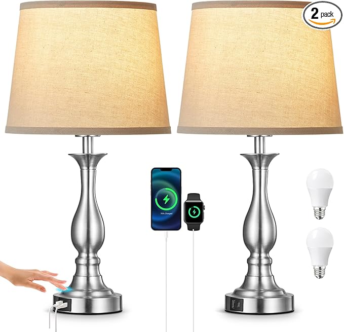 Bedside Table Lamp Touch Control Bedroom Lamps with USB A and C Charging Port 3 Way Dimmable Touch Lamps for Nightstand Living Room Bedroom Dorm Home Office Reading, Set of 2