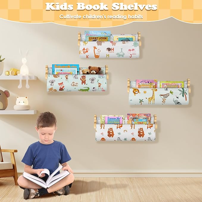 Floating Book Shelves for Wall Set of 4 Wood Nursery Bookshelves for Kids Room 16.9 Inch Kids Bookshelf for Books Toys and Decor,Wall Mounted Storage for Baby Boys Girls Bedroom Living Room