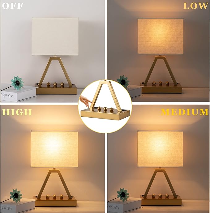 Briever Touch Control Table Lamp, 3-Way Dimmable Desk Lamp with USB C & USB A and AC Outlet, Bedside Lamp with Phone Stand and Fabric Shade for Bedroom, Living Room,Bulb Included, Gold