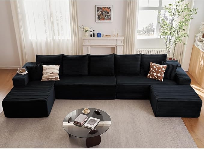 166.9" L-Shape Sofa with Ottoman, Modern Modular Sectional Comfy U-Shape Cloud Couch, Deep Seat, Upholstered Corduroy Sleeper Chaise Longue for Living Room Bedroom, No Assembly Required, Black