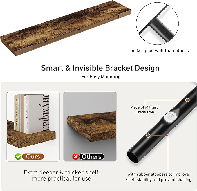 Fun Memories 48Inch Floating Shelves, 9.3Inch Deep Rustic Wall Shelves - Extra Deeper & Thicker Wall Mounted Storage Shelf for Kitchen, Farmhouse - Set of 2 - Rustic Brown