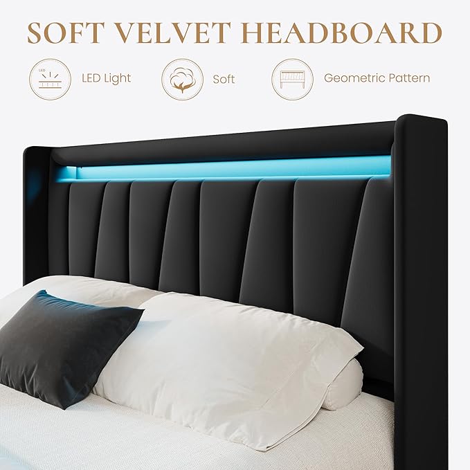 SHA CERLIN Queen Bed Frame with Charging Station and LED Lights, Modern Velvet Platform Bed with Upholstered Geometric Wingback Headboard, No Box Spring Needed, Easy Assembly, Black