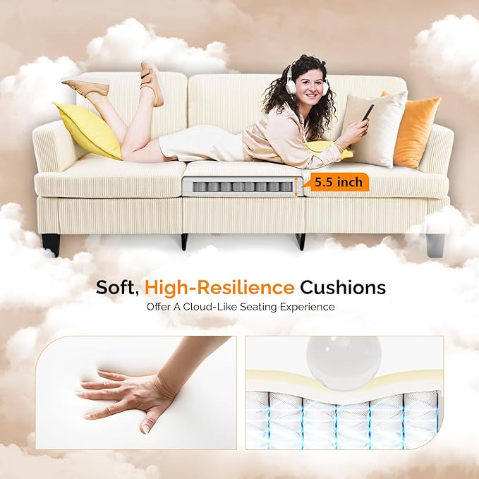 VINGLI Beige 83" Sofa Couches for Living Room, Corduroy Modern Comfy 3 Seater Couch 25.6" Deep Seat Upholstery Cozy Sofas for Small Space, Bedroom, Apartment, Home Office