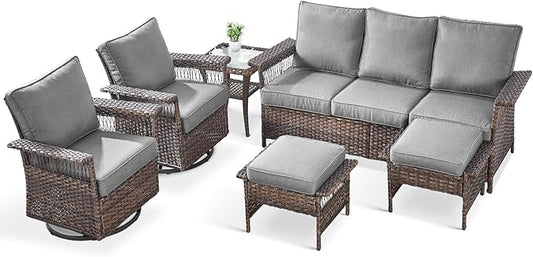 6 Pieces Wicker Patio Furniture Set - Hollow Widen Armrests Outdoor Swivel Glider Chairs and 3 Seat Sofa with Coffee Table & Ottomans for Balcony Porch Deck and Yard - Brown/Gray
