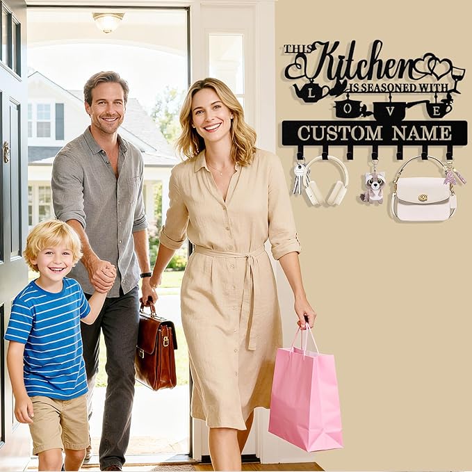 Personalized Key Holder Wall Mount, Custom Kitchen Theme Metal Keys Holder for Wall with Name, Wall Key Hanger Rack with Hooks for Entryway, Front Door, Living Room, Kitchen, Bathroom, Garden