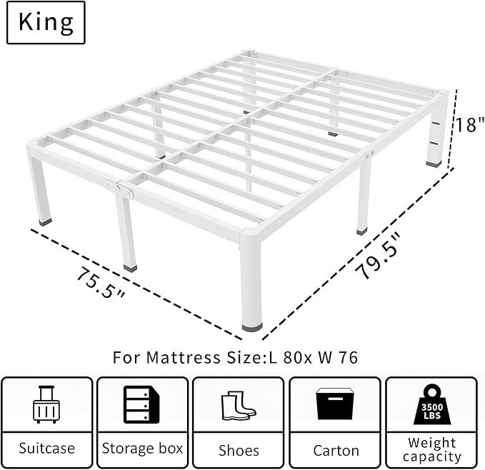 ROIL 18 Inch White King Size Bed Frame with Rounded Corner and Headboard Hole Mattress Retainers 3500LBS Heavy Duty Steel Slats No Box Spring Needed Platform Noise-Free Easy Assembly