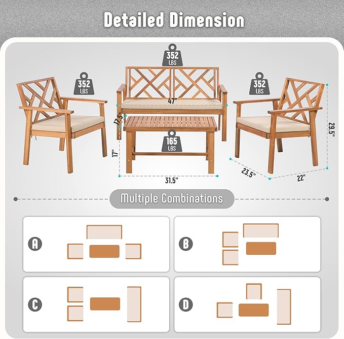 Outdoor Patio Furniture Set, 4 Piece Patio Sofa Bench and 2 Single Sofa Chairs with Table & Padded Cushions, Acacia Wood Outdoor Patio Lounge Conversation Set for Deck Backyard Balcony