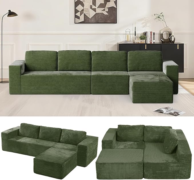 136" Modular Sectional Sofa with L-Shape Chaise, Right/Left Facing Deep Seat Cloud Couch, No Assembly Required, Upholstered Couch for Living Room Bedroom (Green, Plush Corduroy Fabric)