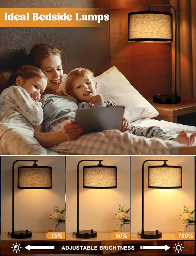 Innqoo Black Tall Table Lamp with USB Port and Outlet, Dimmable Nightstand Bedside Lamps with Linen Lampshade, Desk Lamp for Bedroom, Living Room, Guest Room, Home Office, LED Bulb Included