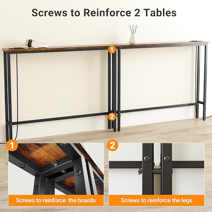 ELYKEN 2 Pack 5.9" Narrow Console Sofa Table with Power Outlets, Total 78.8” Long Behind Couch Table with Charge Station and 5.9’ Extension Cord for Living Room, 5.9"D x 78.8”W x 29.5”H, Rustic Brown