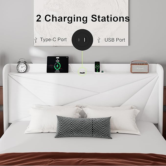 Feonase King Size Bed Frame with Charging Station, Upholstered Platform BedFrame with Wingback Storage Headboard, Solid Wood Slats Support, No Box Spring Needed, Noise Free, White