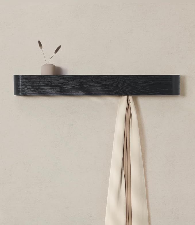 Kazai. Wall-Mounted Coat Rack 'Toke' - Modern Design Coat Rack with Hidden Wall Hooks - Solid Wood Veneer Panel Coat Hanger - Oak, Black