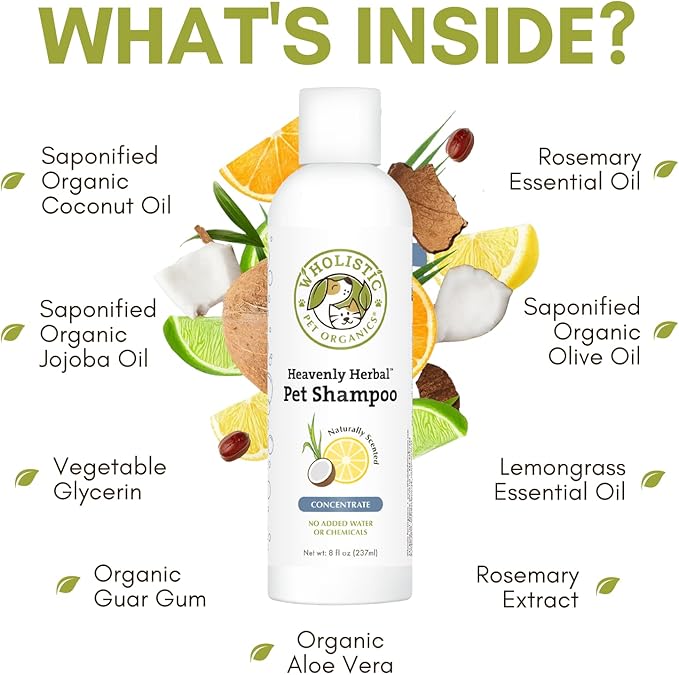Wholistic Pet Organics Pet Shampoo Concentrate: Heavenly Herbal Organic Dog Shampoo and Conditioner - All Natural Puppy and Cat Shampoo for Dry, Itchy Skin, Allergies, Dandruff