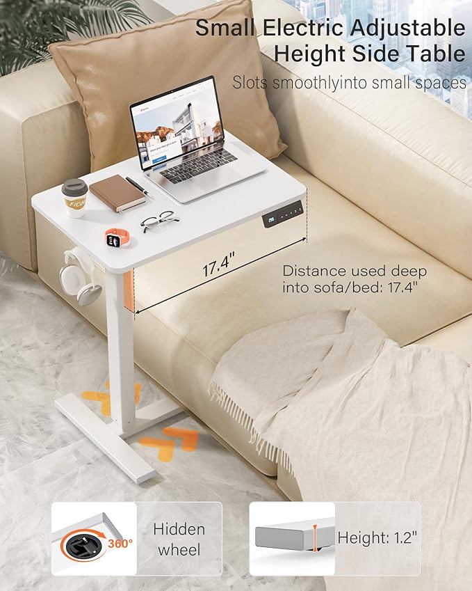 FiCiHi Small Electric Standing Desk - Adjustable Height Bedside Laptop Table with Wheels, Mobile, Portable Rolling Computer Workstation Sit Stand Table for Home Office, Sofa, Couch Use (24x16, White)