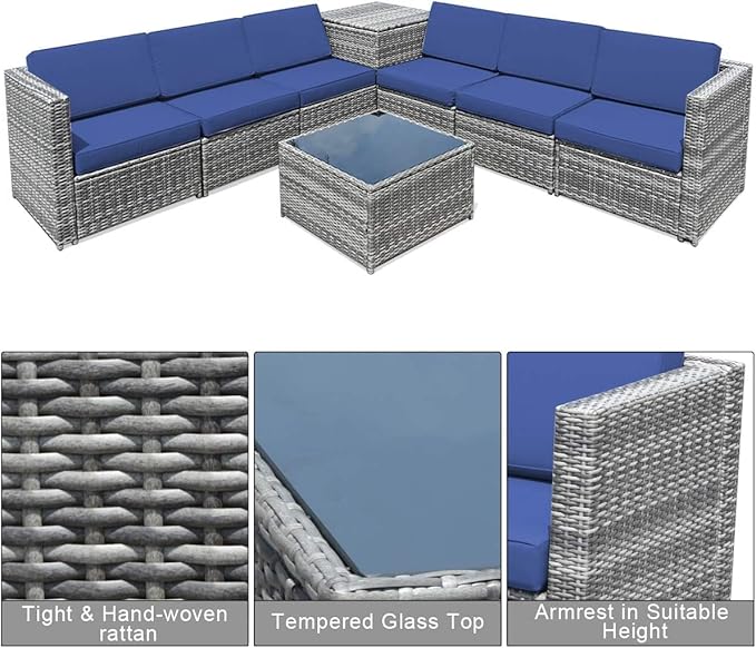 HAPPYGRILL 8 Pieces Patio Furniture Set Outdoor PE Rattan Conversation Set with Storage Box, Sectional Wicker Sofa Set with Coffee Table and Cushions for Garden Backyard