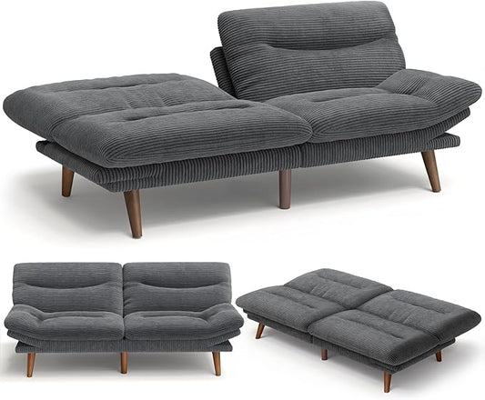 Amada 75" Convertible Futon Sofa Bed, Corduroy Folding Futon Set with Adjustable Backrest &Armrests, Recliner Lounge for Living Room, Apartment or Office, Solid Wood Frame, Loveseat Sofa -Dark Grey