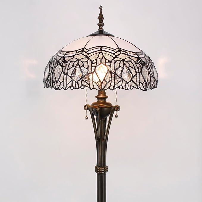 Tiffany Floor Lamp White Stained Glass Crystal Standing Reading Light 16X16X70 Inches Antique Pole Corner Lamp Decor Bedroom Office Living Room