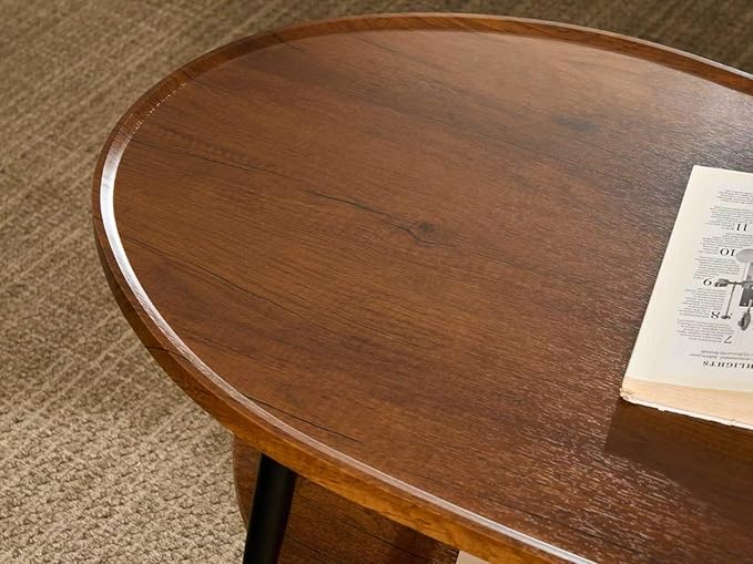 Shrine Oval Coffee Table, Mid-Century Modern Coffee Table, Brown Walnut Wood Table for Living Room, D47''x W23.6''x H15'', Sleek Conical Metal Legs with Black Finish