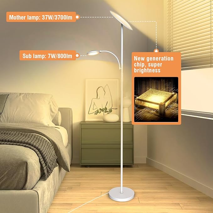White Floor Lamps for Living Room, 44W/4500LM Super Bright 2 in 1 LED Floor Lamp with Remote, Stepless Dimmable, 69" Tall Standing Floor Lamp with Bendable Reading Light for Bedroom Office