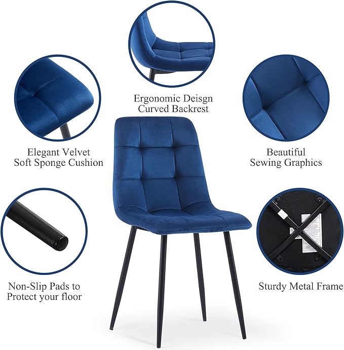 NORDICANA Navy Blue Velvet Dinner Chairs Set of 4, Modern Armless Biscuit Tufted Dining Side Chairs with Metal Legs for Kitchen Living Room Vanity