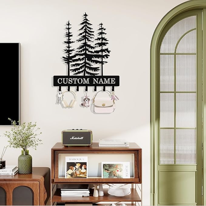 Personalized Key Holder Wall Mount, Custom Metal Pine Tree Keys Holder for Wall with Name, Wall Key Hanger Rack with Hooks for Entryway, Front Door, Living Room, Kitchen, Bathroom, Garden