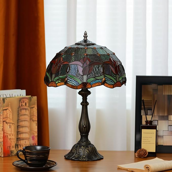 Tiffany Lamps Red Tulip Style Stained Glass Table Lamp Desk Bedside Reading Light 12X12X18.5 Inches with Bronze Resin Base Applicable to Bedroom Living Room Office