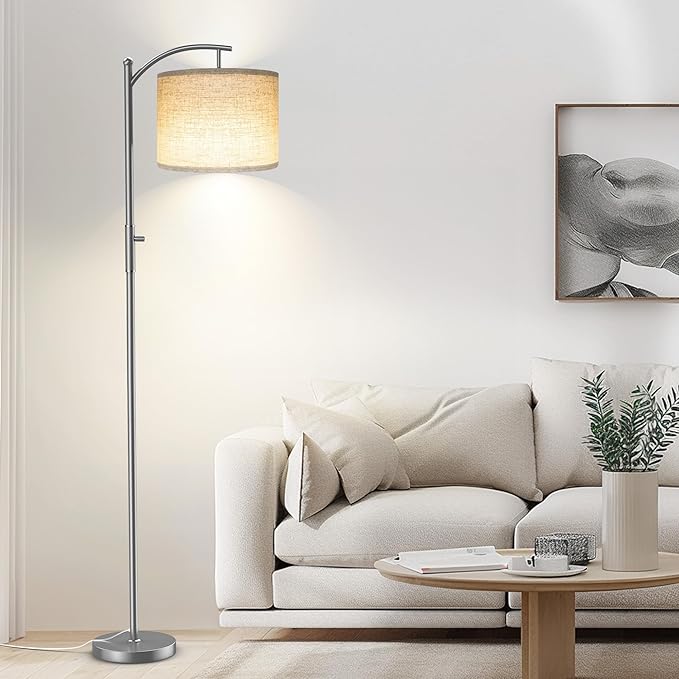 Dimmable Floor Lamp, Arc Floor Lamps for Living Room, Stepless Dimming Modern Standing Lamp with Linen Shade, Tall Lamp for Bedroom Office Dining Room- Silver
