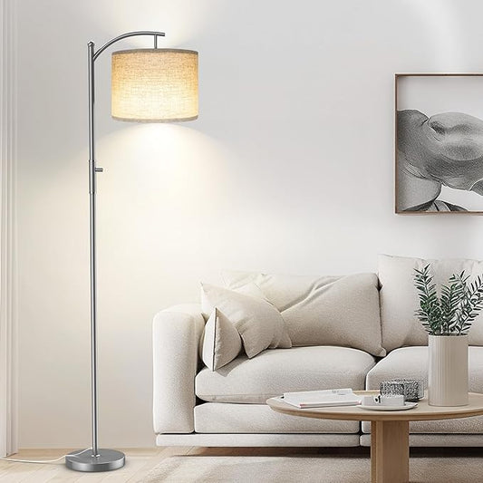 Dimmable Floor Lamp, Arc Floor Lamps for Living Room, Stepless Dimming Modern Standing Lamp with Linen Shade, Tall Lamp for Bedroom Office Dining Room- Silver