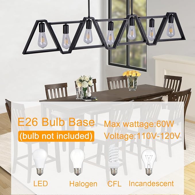 Dining Room Light Fixture, Kitchen Island Lighting with Adjustable Rods, Modern Chandelier Pendant Lamp Over Table (Black, 7 Light)