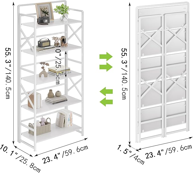 No Assembly Folding Bookshelf, 5 Tiers Vintage Wood Collapsible Book Shelf for Storage,Industrial Metal Foldable Bookcase Organizer for Living Room Bedroom Home Office (White)