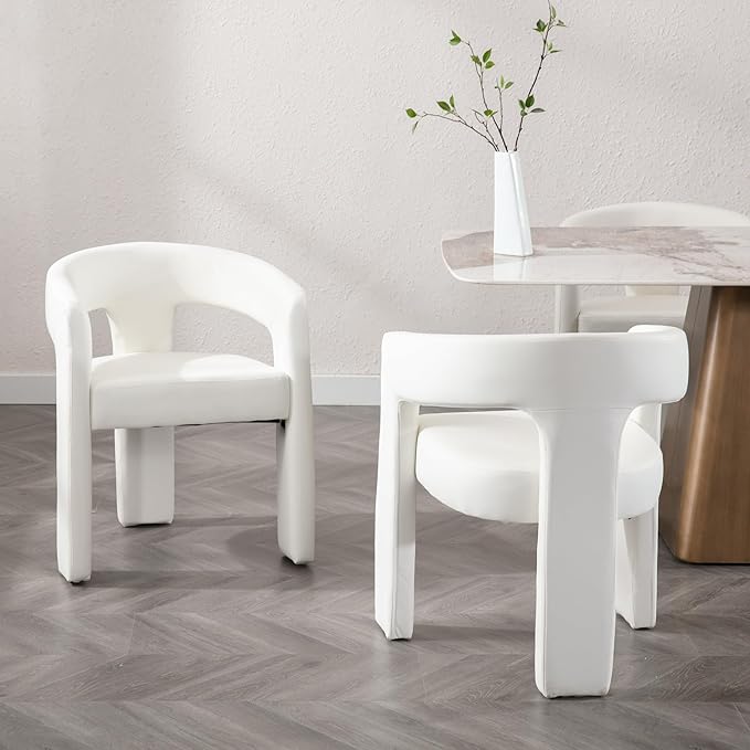 Set of 3 Modern PU Leather Upholstered Dining Chairs with Open-Back, Cute Barrel Side Chairs Kitchen Armchair Accent Chairs for Dining Room Bedroom, White