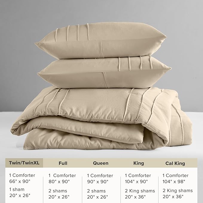 Comfort Spaces Khaki Twin Size Comforter Set - 2 Pieces Pintuck Pleated Bedding Sets, All Season Lightweight, Extra Softness Pre-Washed Microfiber Twin Bed Set, Shams, Twin