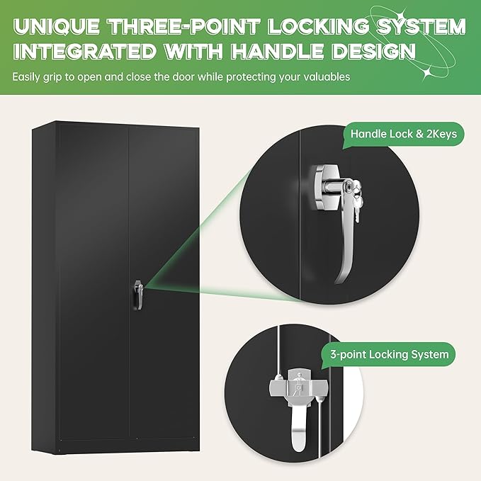 INTERGREAT 72-Inch Metal Storage Cabinet for Garage, Lockable Steel Cabinet with Doors and Adjustable Shelves, Black Locking Storage Unit for Office, Home, Gym, and School.