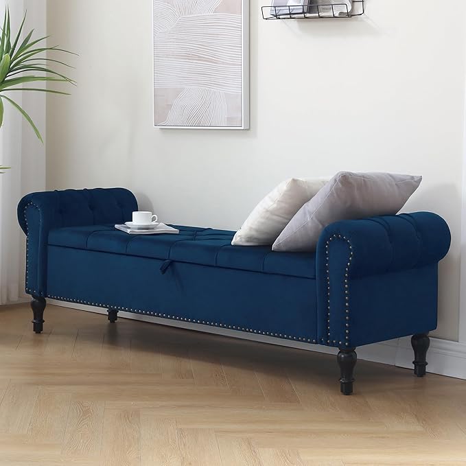 Velvet Storage Bench 67 Inch Upholstered Tufted Ottoman Bench with Arms Large Storage Space King Size End of Bed Bench for Bedroom Living Room Entryway Navy Blue