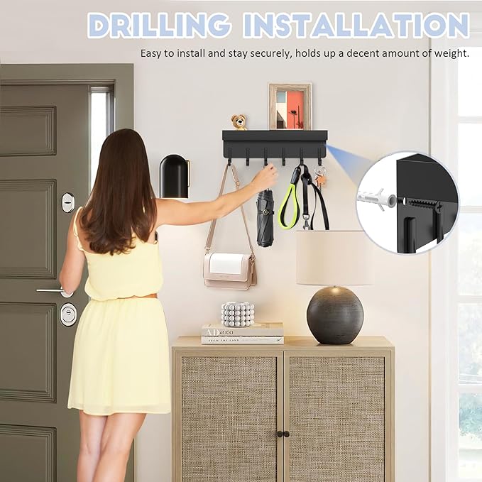 kuaima Magnetic Key Holder, Small Wall Mount Key Rack with Shelf for Fridge, 6 Metal Hooks, 9.65 Inch, 2 Installation Options, Black