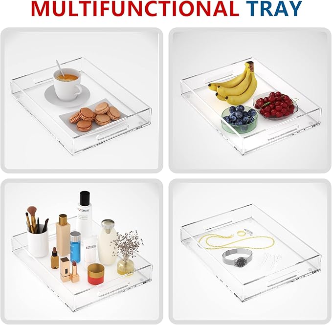 Acrylic Serving Tray with Handles-16x12x2.36Inch-Decorative Tray Letter Tray Organizer for Ottoman Coffee Table Countertop, Clear