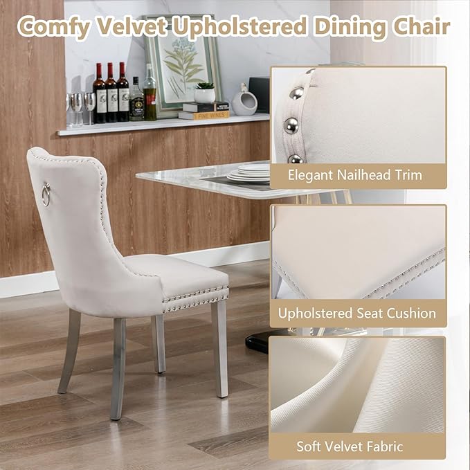 Goujxcy Modern 7 Piece Glass Dining Table Set Luxury Glass Kitchen Table and Chair Set for 6, 70" Large Rectangular Dining Room Table with 6 Tufted Chairs and Stainless Steel Legs (Silver & Beige)