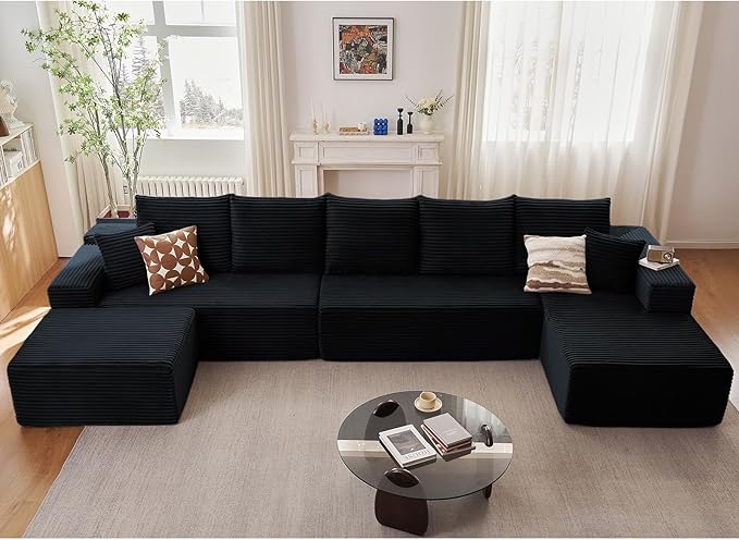 166.9" U-Shape Cloud Couch, Modern Modular Sectional Comfy L-Shape Sofa with Ottoman, Deep Seat, Upholstered Corduroy Sleeper Chaise Longue for Living Room Bedroom, No Assembly Required, Black