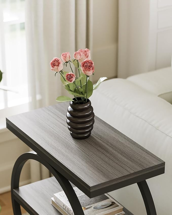 LITTLE TREE End Table, 3-Tier Side Table, Slim Sofa Side Table for Living Room, Tall Bedside Table Nightstand for Bedroom, Grey and Black