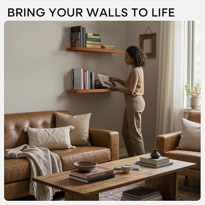 Homeforia Oak Floating Shelves 30 inch Long, High End Solid Real Wood 30inch Floating Shelf for Wall Mounted, Honey Oak Wooden 30in Floating Shelves, Heavy Duty Bracket, 30 X 6.5 X 1.75 in, Set of 2