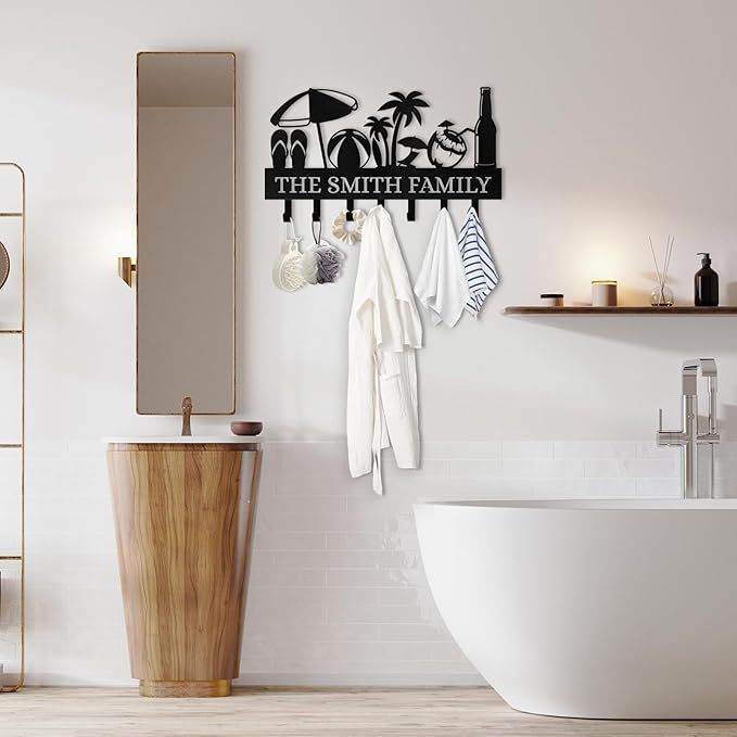 Personalized Key Holder for Wall, Beach Theme Key Holder Wall Mount with Hooks, Coconut Trees Key Hanger Wall Decor for Pool Bathroom Hallway Entryway Office, Customized Home Decor Gifts Color04