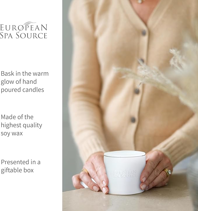 European Spa Source Woodsmoke + Leather Luxury Candle for Aromatherapy, Soy Wax Candle, Hand Poured, at Home Spa Experience Promoting Relaxation, 45 Hours of Burn Time