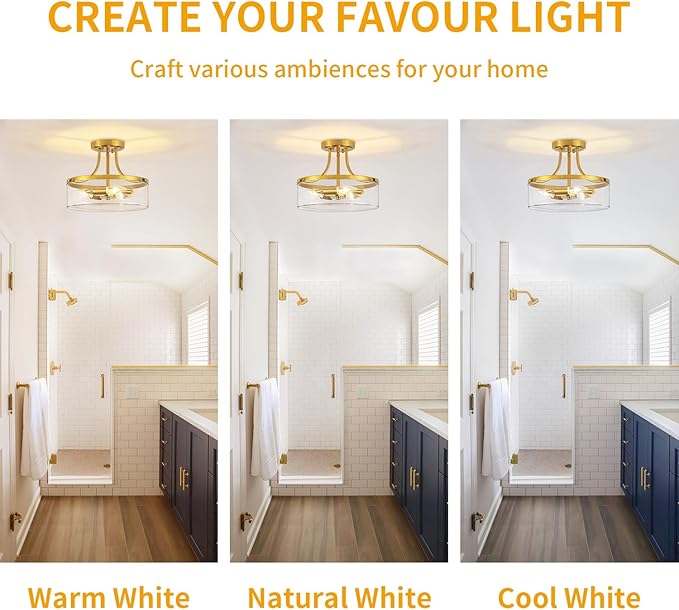 11.81" Brushed Gold Semi Flush Mount Ceiling Light, Modern Glass Entryway Light Fixture, Hallway Light Fixtures, 3-Light Drum Ceiling Lamp for Bedroom Kitchen Island Laundry Dining Room, UL Listed