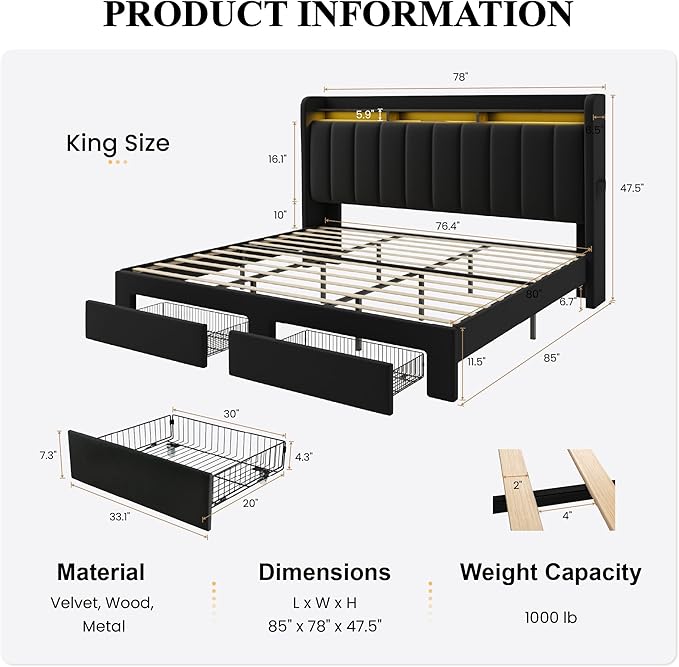 SHA CERLIN Velvet King Size Bed Frame with Vertical Channel Tufted Wingback Headboard & 2 Storage Drawers/2-Tier Shelves with LED Lights & Charging Station/Noise-Free/No Box Spring Needed/Black