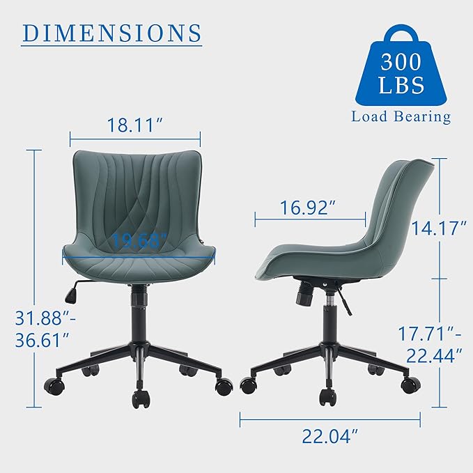 YOUNIKE Office Chair Armless Desk Chair with Wheels, Home Office Computer Task Chair, Modern Faux Leather Upholstered Vanity Chair, Adjustable Swivel Rolling Office Chairs, Slate Blue