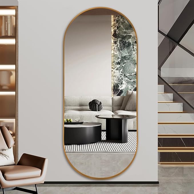 Oval Full Length Mirror, 71"×32" Wall-Mounted Floor Mirror with Metal Frame, Ultra-Clear Explosion-Proof Dressing Mirror, Simple and Classic Deco for Cloakroom/Bedroom/Living Room, Gold